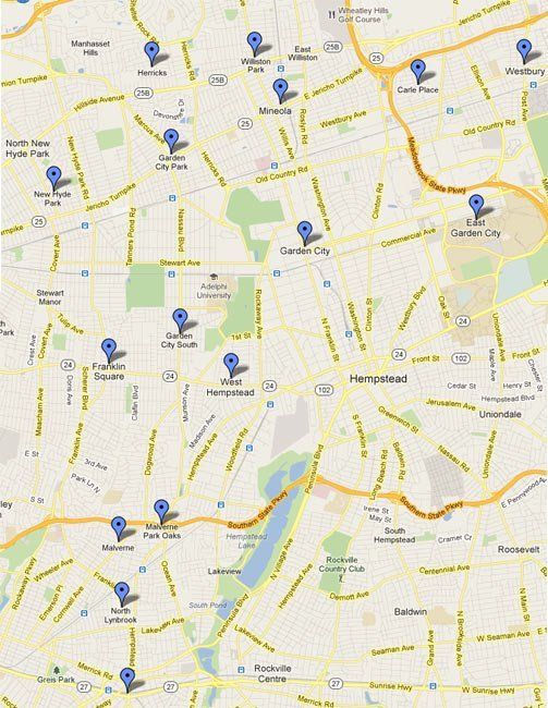 Map of Service Locations in Nassau County, Long Island NY