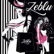 Fashion illustration featuring women shopping, holding bags from Zeblu, in a black and white setting with pink accents.