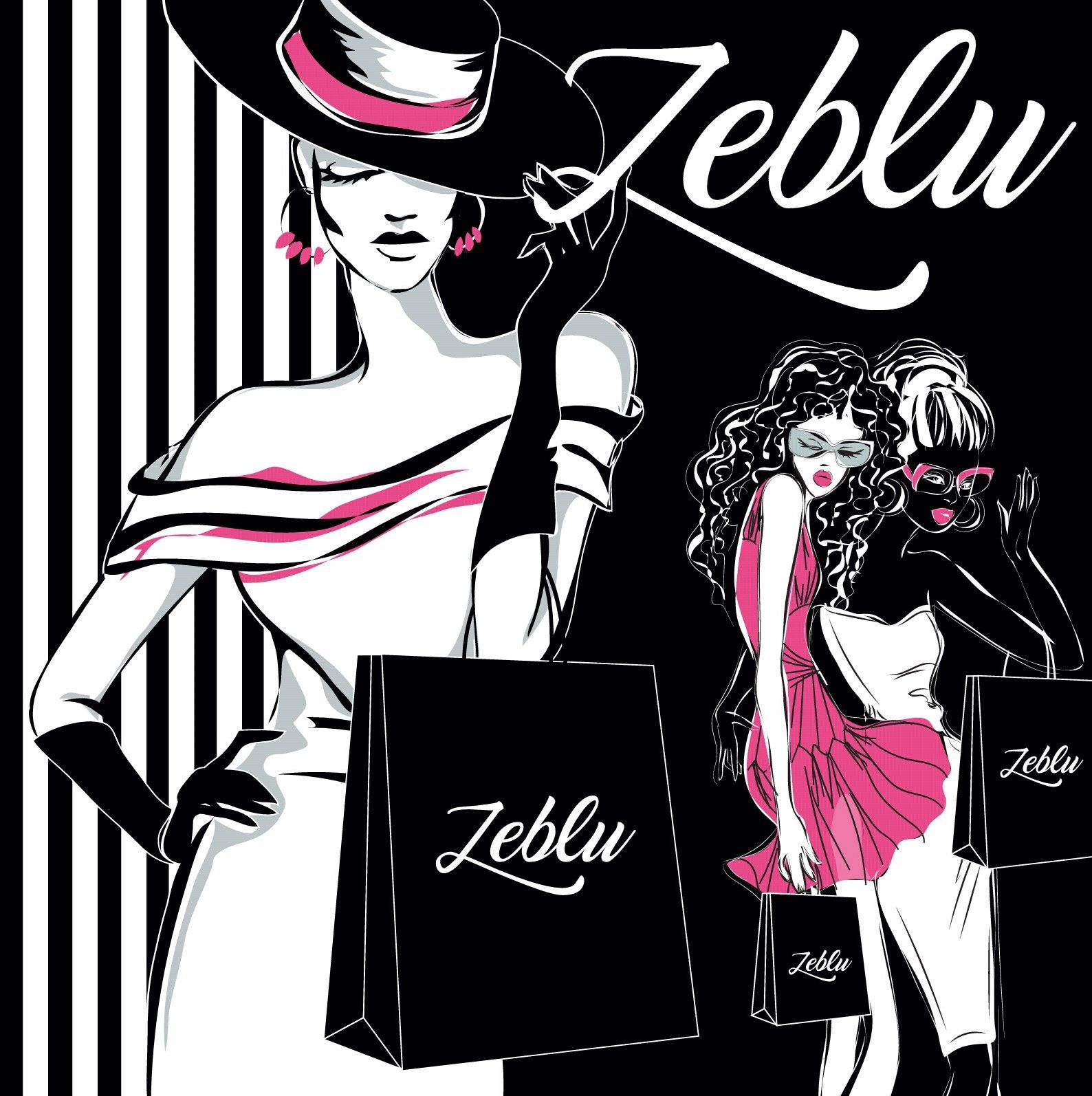 Fashion illustration featuring women shopping, holding bags from Zeblu, in a black and white setting with pink accents.