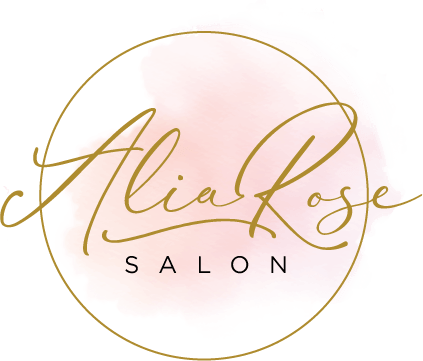 Alia Rose Salon logo with gold script text over a blush pink watercolor background inside a gold circle.
