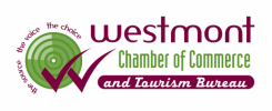 Logo for Westmont Chamber of Commerce and Tourism Bureau with a green circle, check mark, and maroon text.