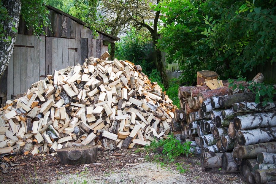 A pile of wood is sitting on the ground in front of a wooden building.