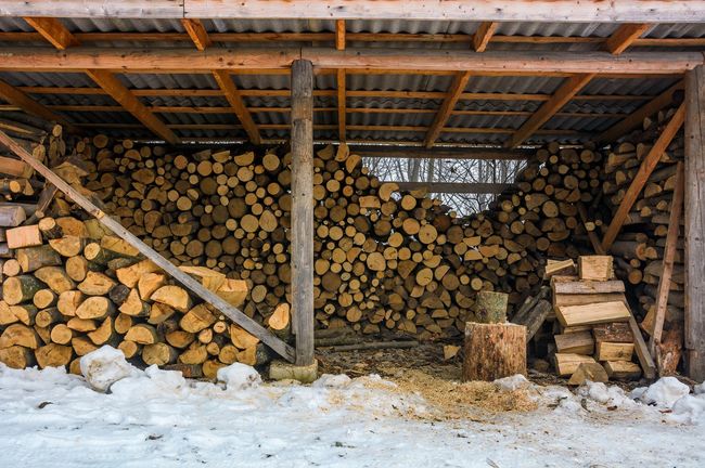 A shed filled with logs in the snow.