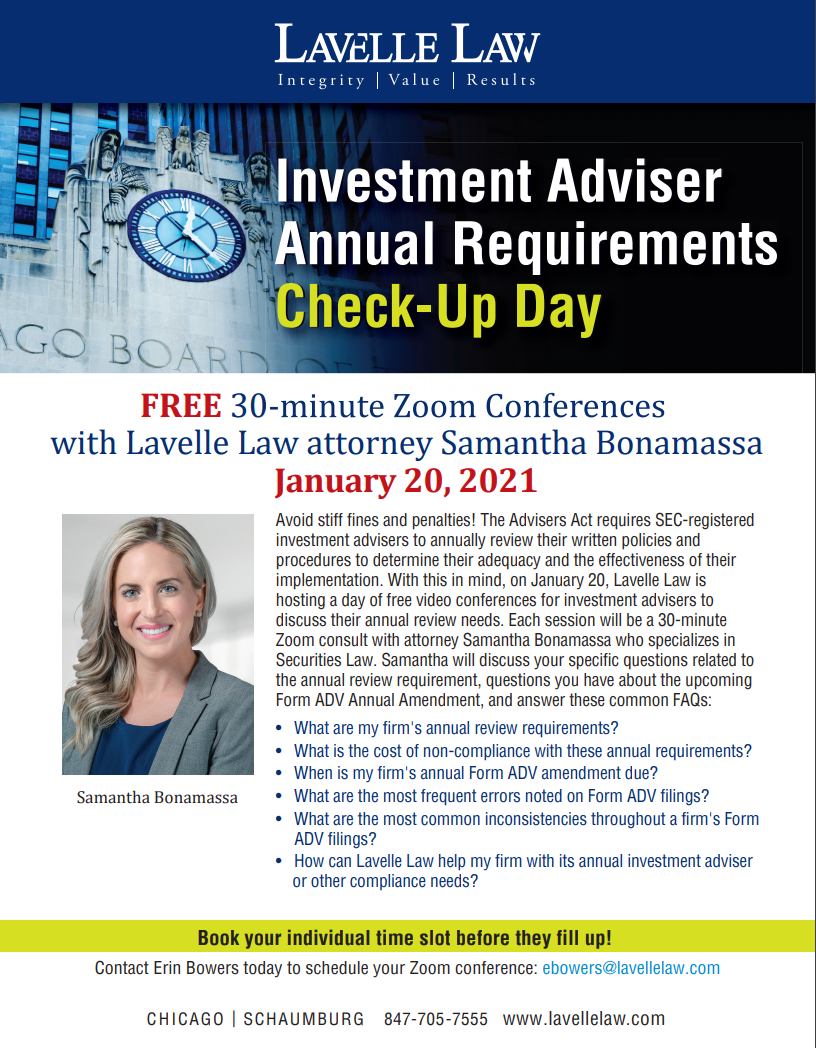 A flyer for an investment adviser annual requirements check-up day.
