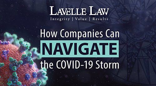 An advertisement for lavelle law shows a virus and says how companies can navigate the covid-19 storm