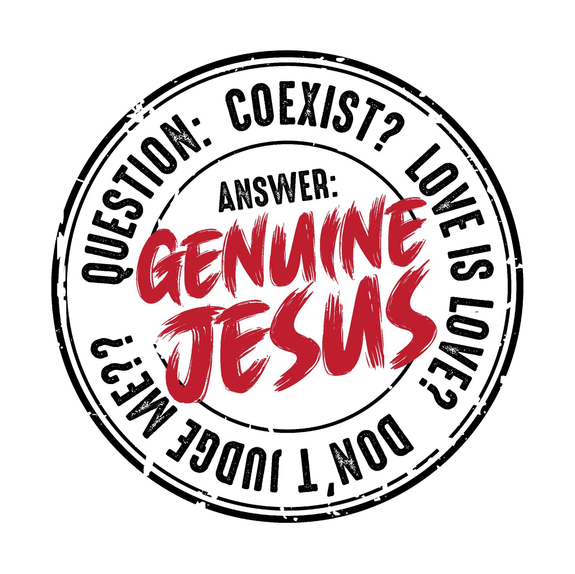 A stamp that says `` question : coexist ? answer : genuine jesus ''