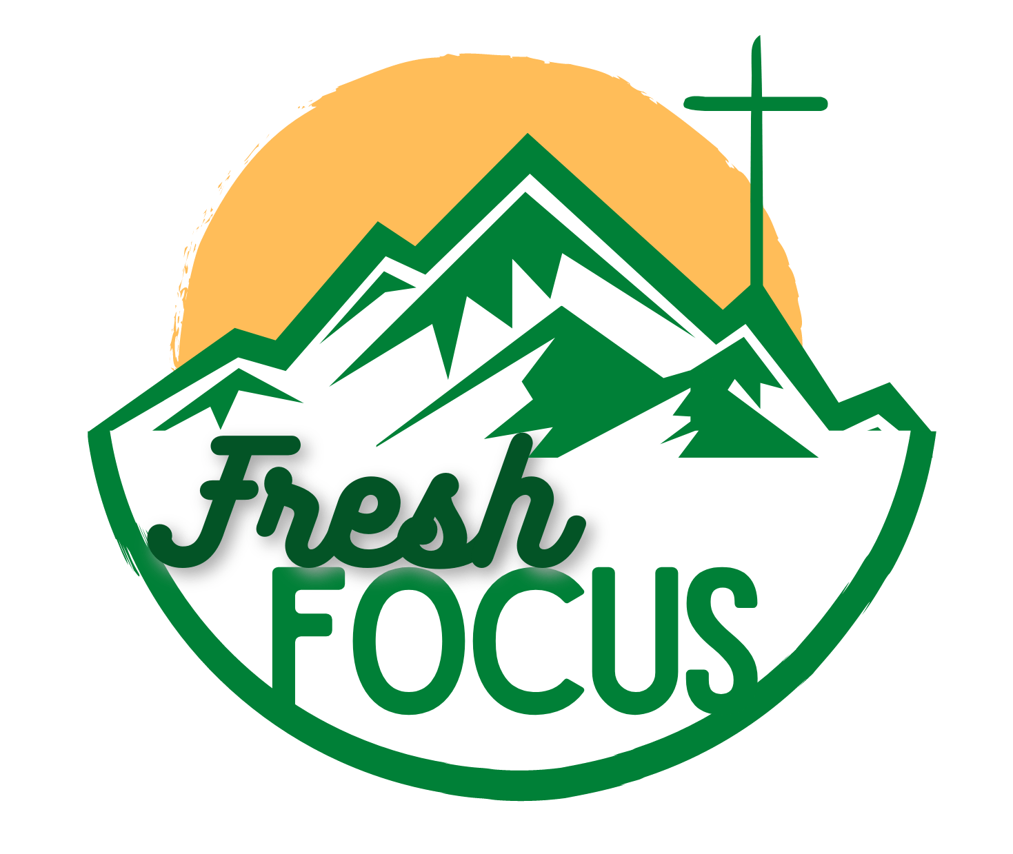 A logo for fresh focus with mountains and a cross