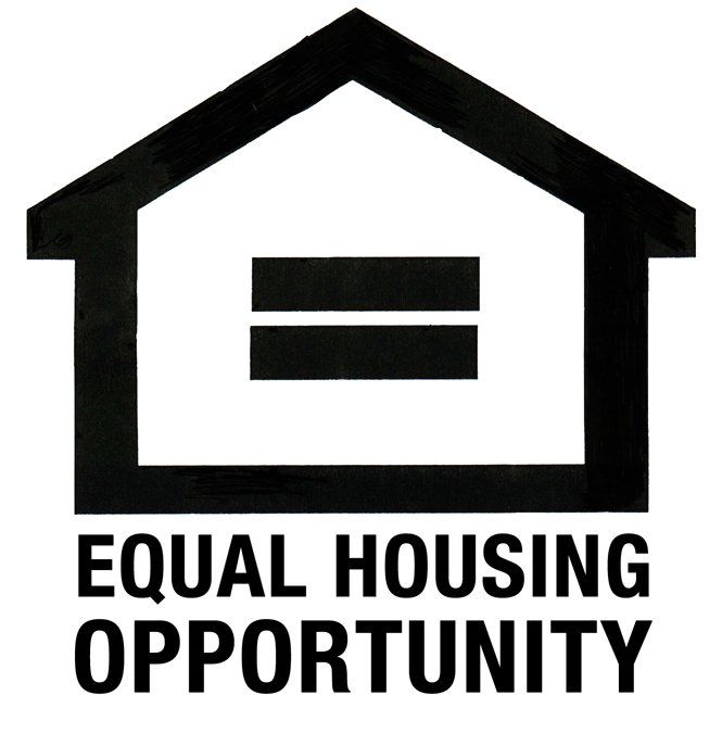 Black outline of a house with an equal sign inside, text below: Equal Housing Opportunity.