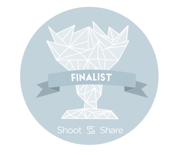 Light blue circle with white geometric trophy and banner reading 