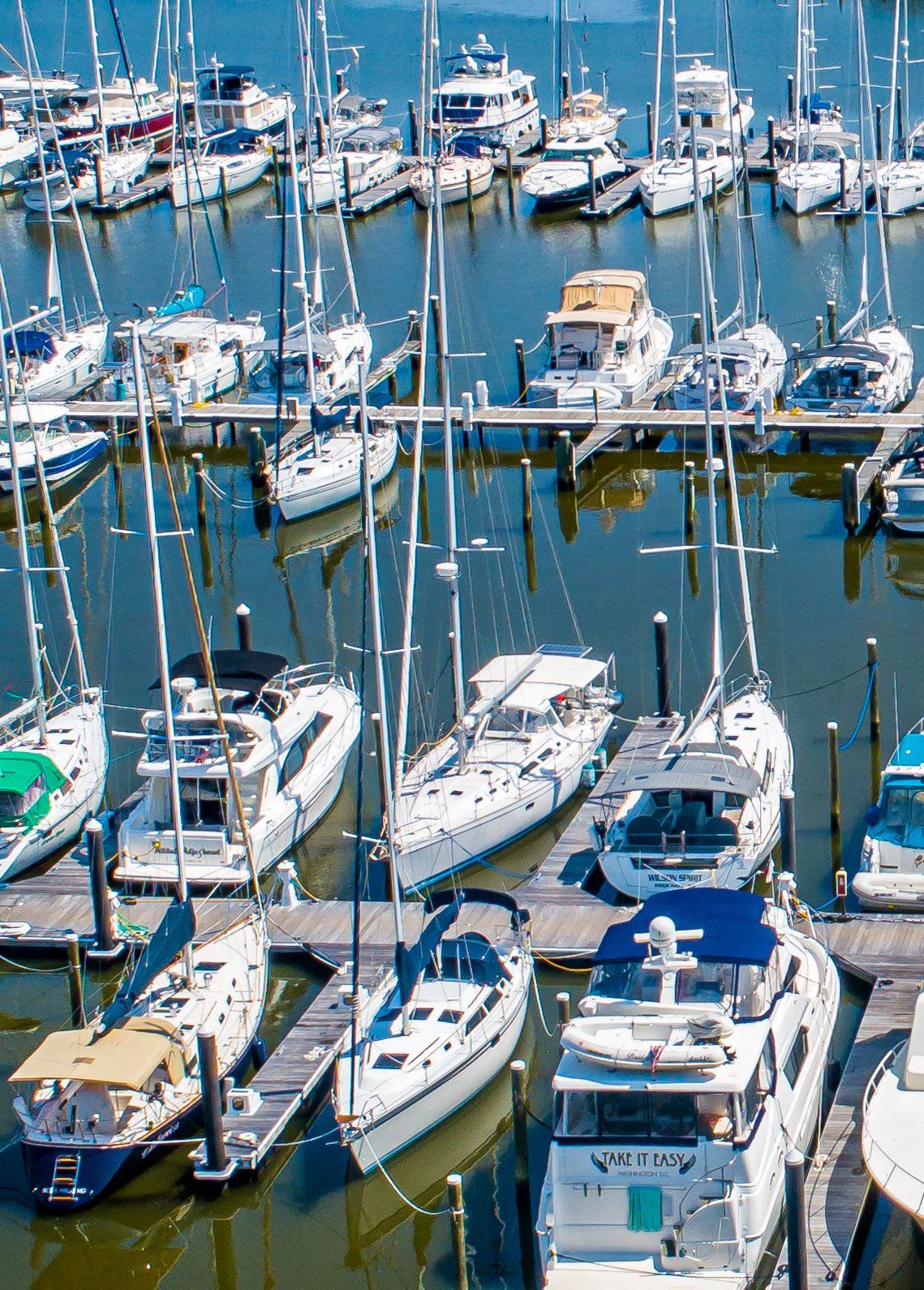Boats and docks in a marina on a sunny summer day