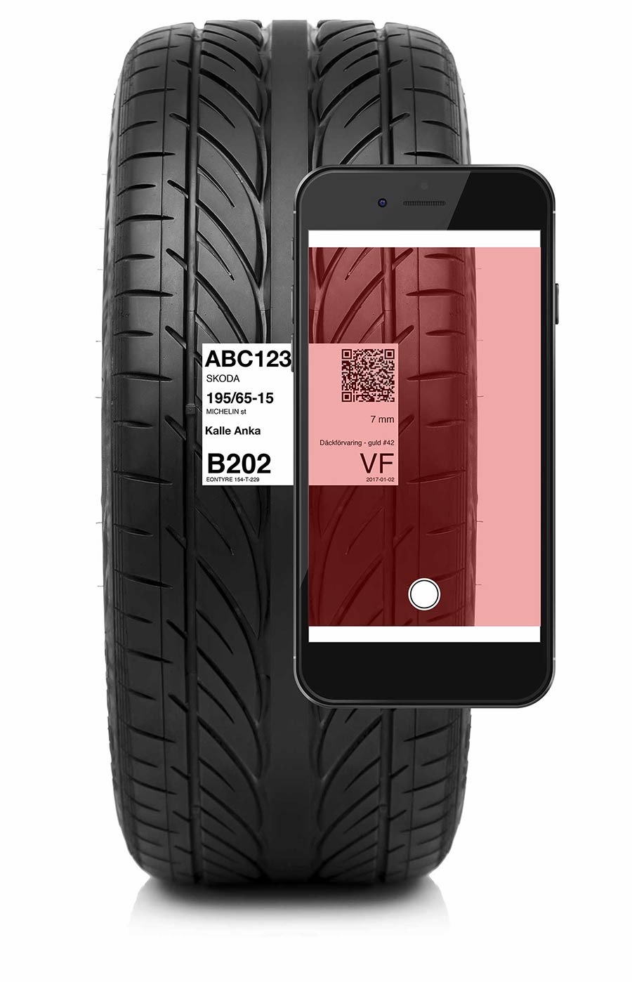 A tire with a barcode on it next to a cell phone for Eontyre