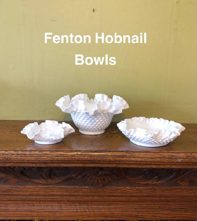 FENTON HOBNAIL WHITE MILK GLASS BOWLS at Victorian Rose Vintage Antiques
