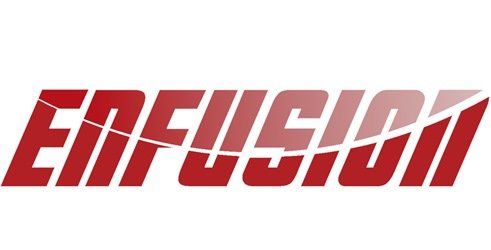 Een rood-wit logo voor enfusion op een witte achtergrond.