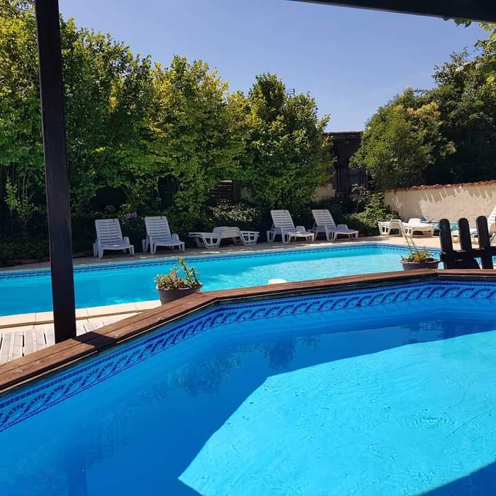 two heated swimming pools with mosaic freeze