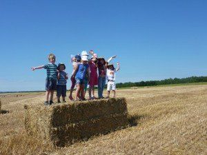 a group of children standing on a haybale