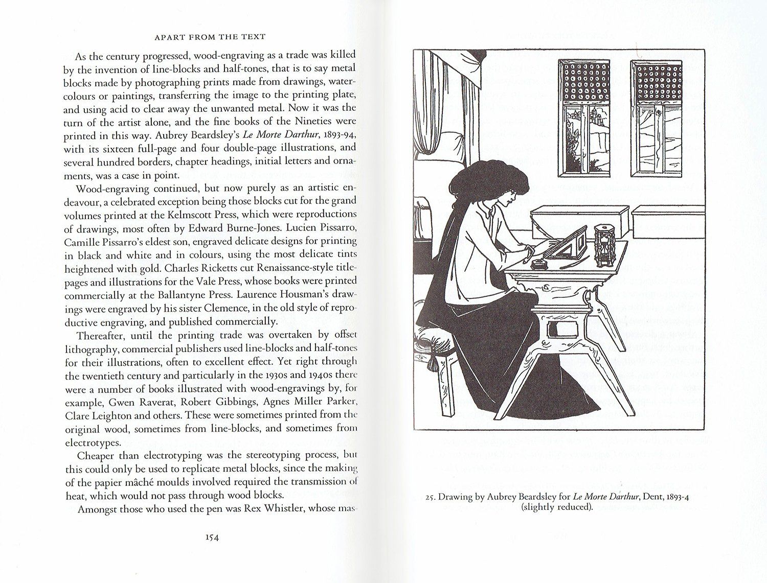 A book is open to a page with a drawing of a woman sitting at a table.