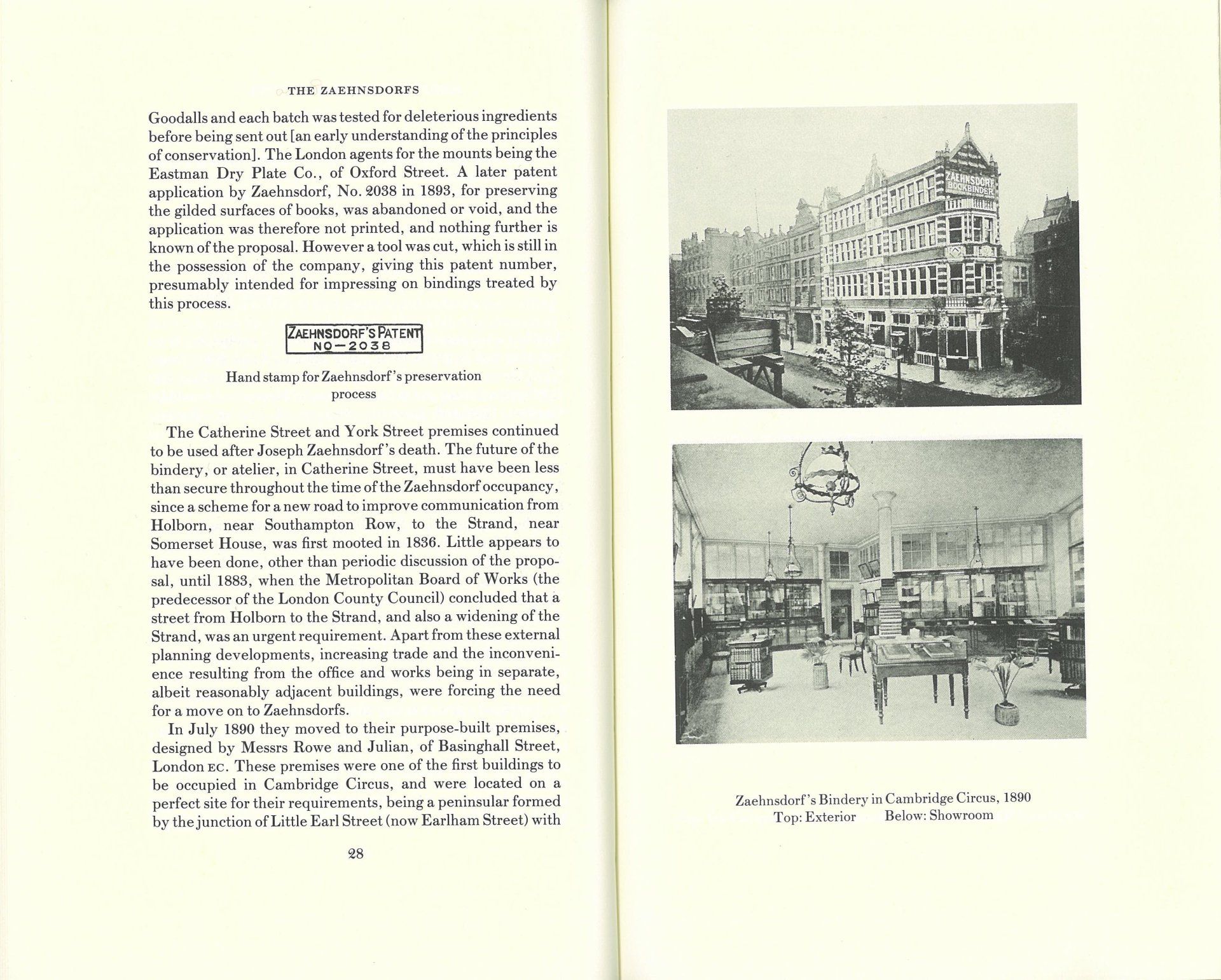 A book is open to a page with a picture of a building and a picture of a room.