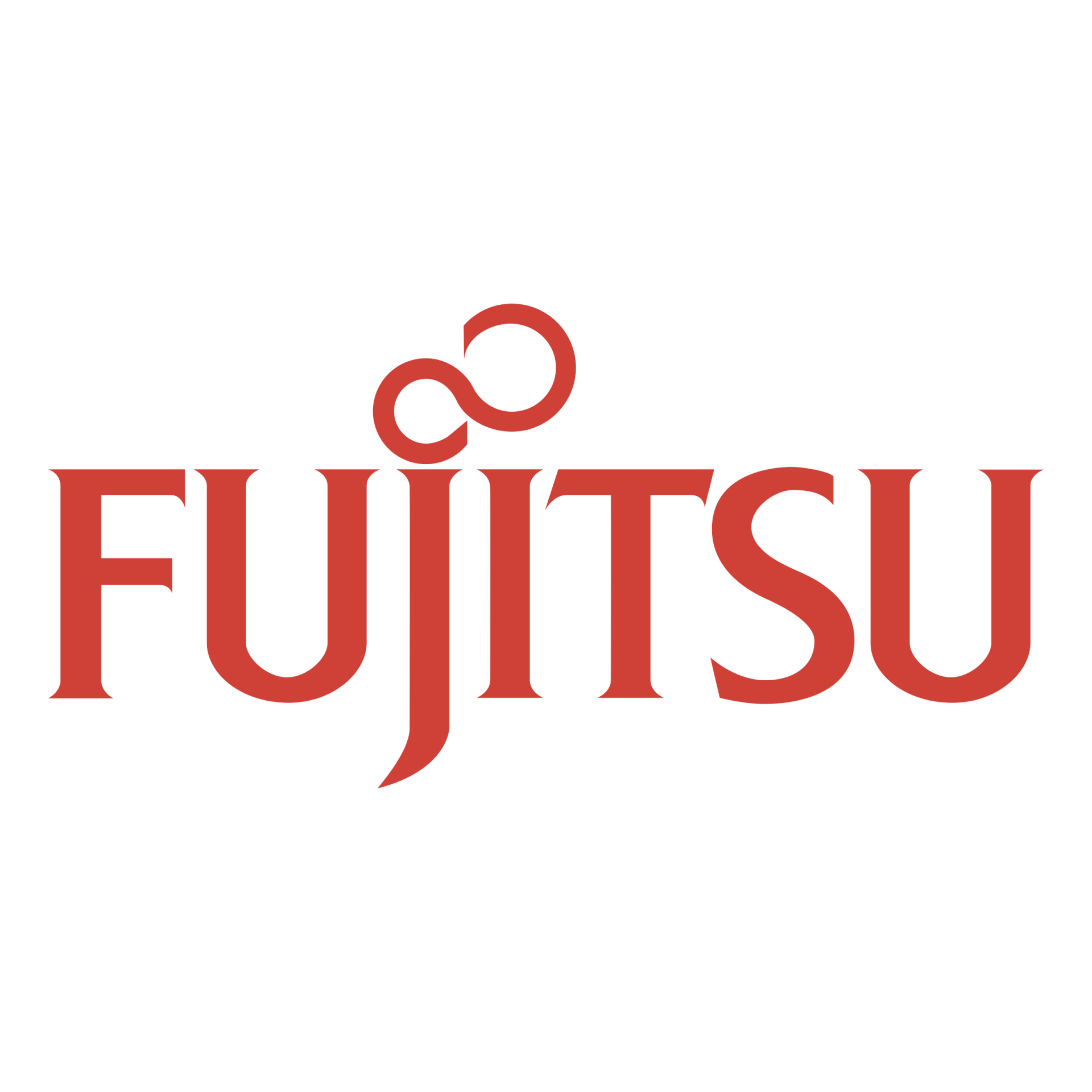 Un logo Fujitsu rouge sur fond blanc