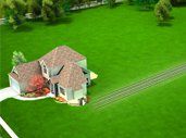 An aerial view of a house in the middle of a lush green field.