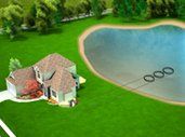 An aerial view of a house next to a pond.