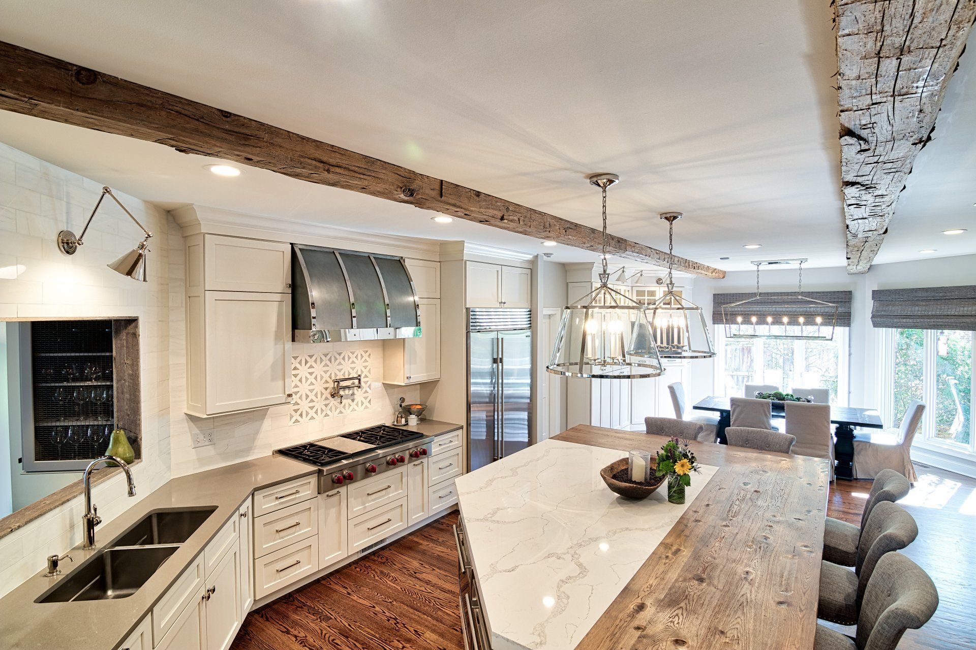 There is a large island in the middle of the kitchen.