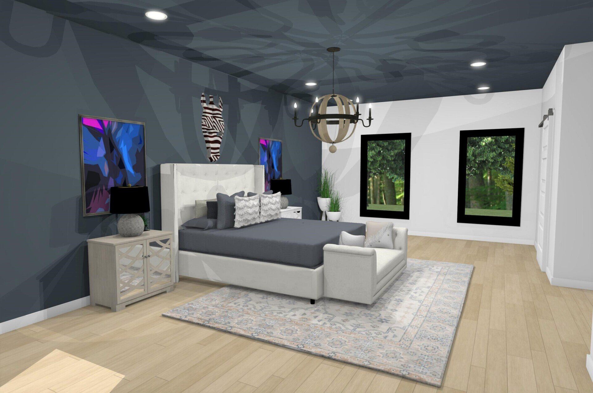 A bedroom with a bed , couch , nightstands , and windows.