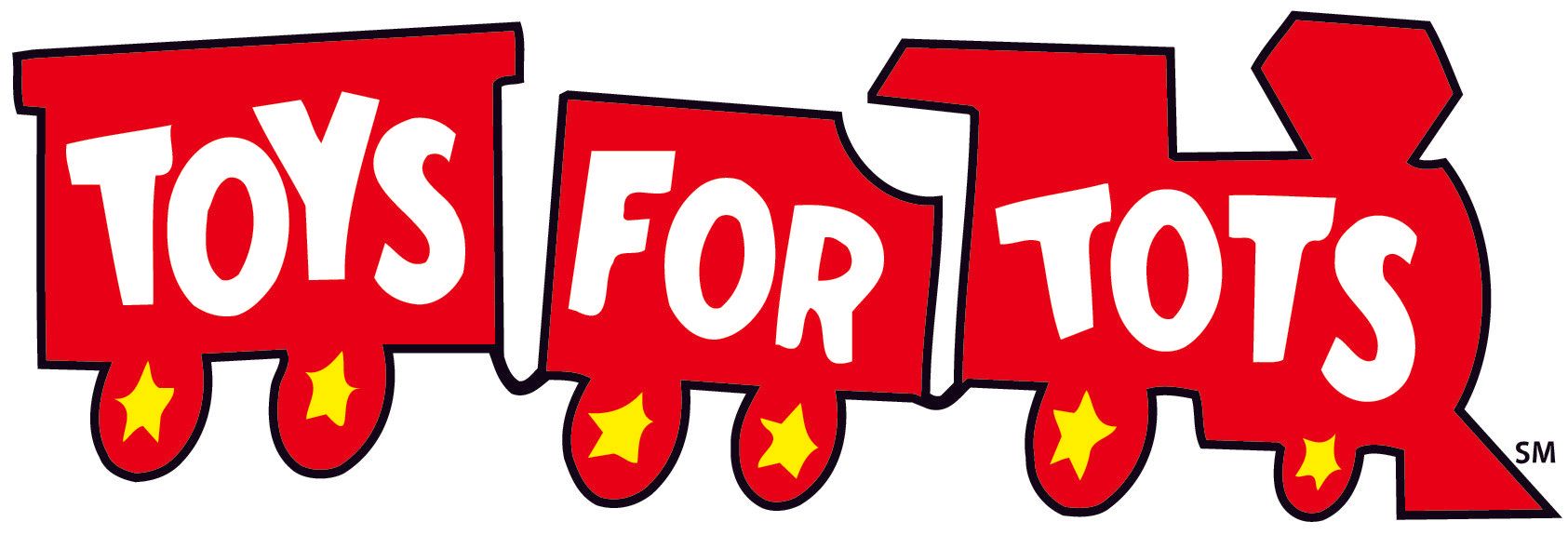 A red train with the words toys for tots on it