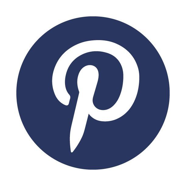 A white pinterest logo in a blue circle on a white background.