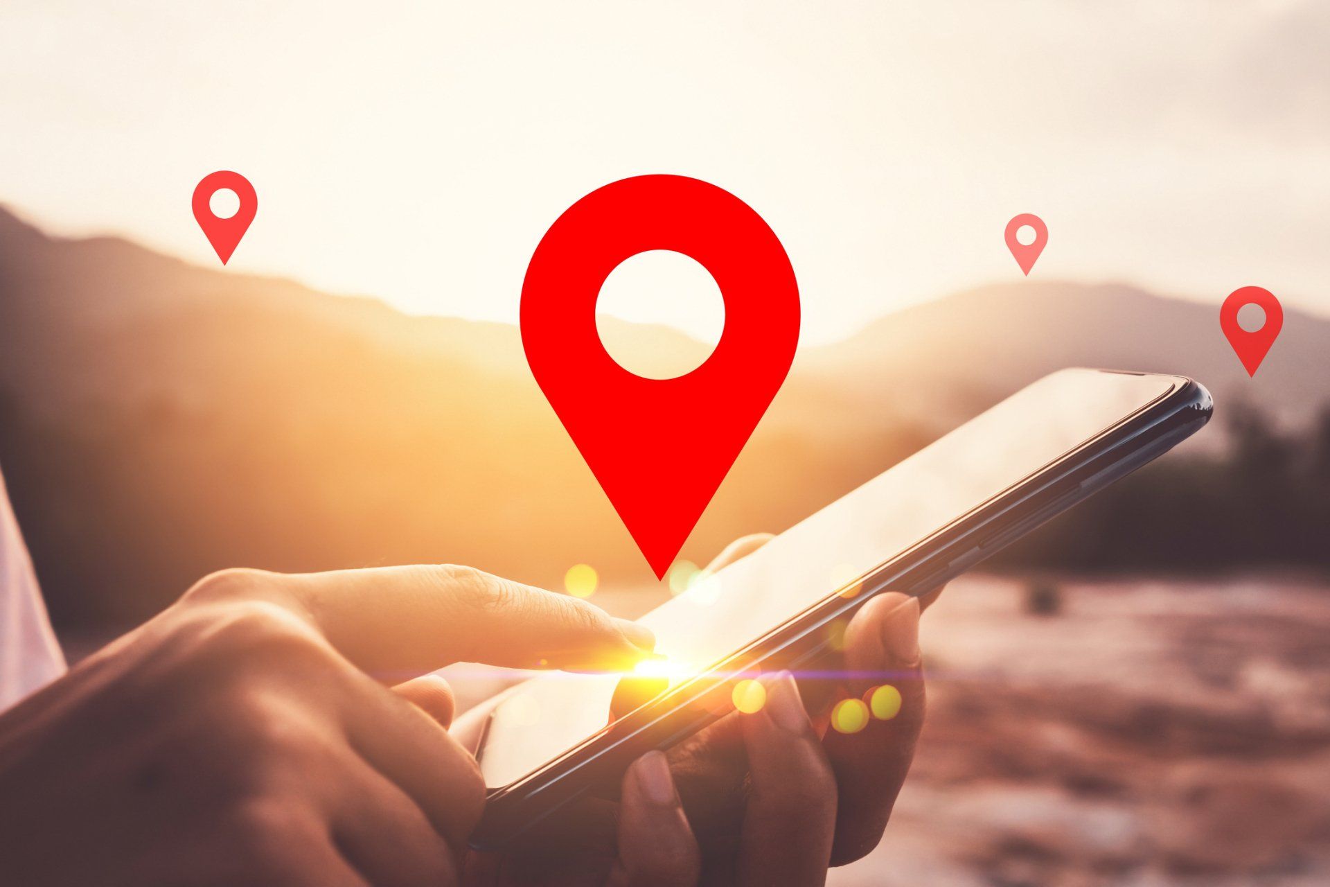Person using a smartphone with red location markers overlaid; outdoor setting.
