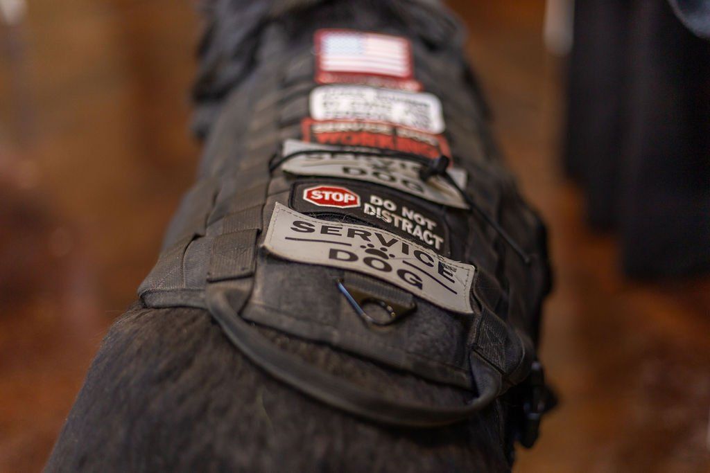 A black service dog vest with multiple patches, including an American flag and 