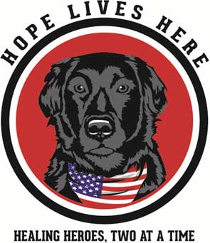 A black dog wearing a U.S. flag bandana inside a red circle, with the text 