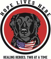 A black dog wearing a U.S. flag bandana inside a red circle, with the text 