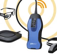 Blue handheld device with buttons, wire, glasses, and a black pad.