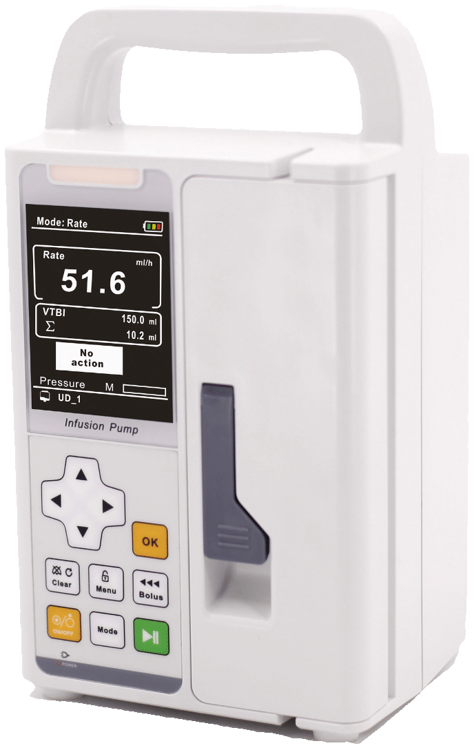 White infusion pump with display showing numbers and buttons.