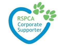 Logo of RSPCA Corporate Supporter; blue heart with green paw prints and text.