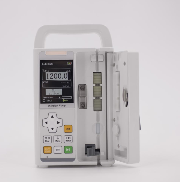 Infusion pump with an open door, showing the internal mechanism. The screen displays numbers.