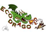 Logo ECORAGO con un drago verde in stile cartone animato e un piccolo personaggio che corre.