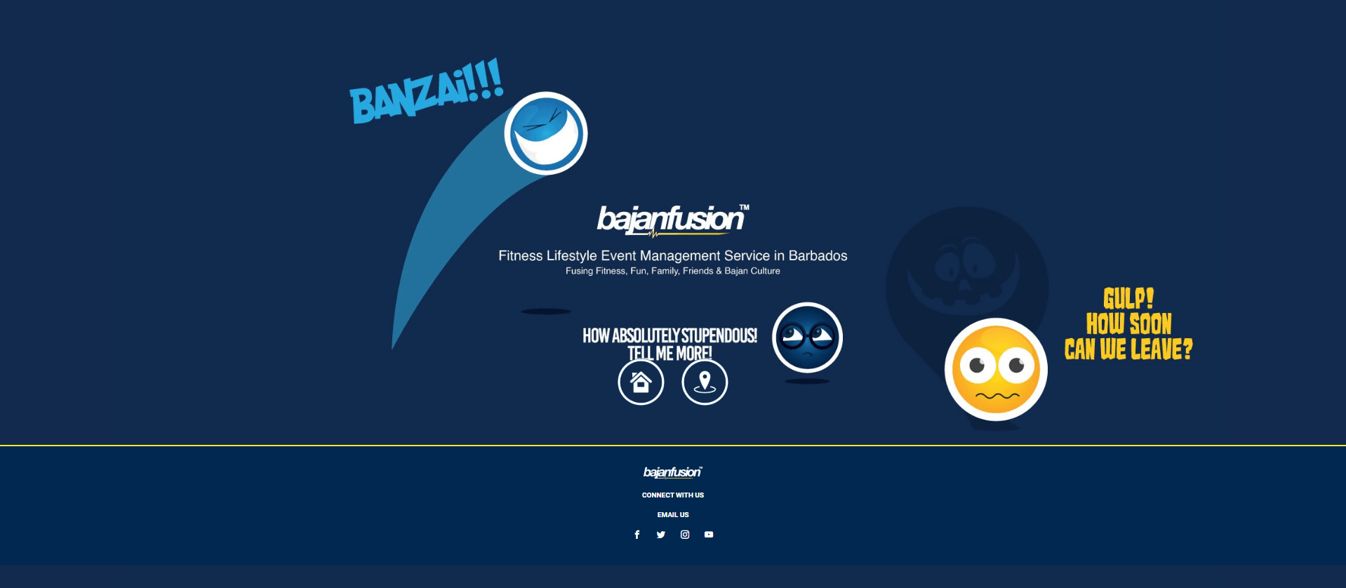 Blue design with a smiley face in a circle labeled 