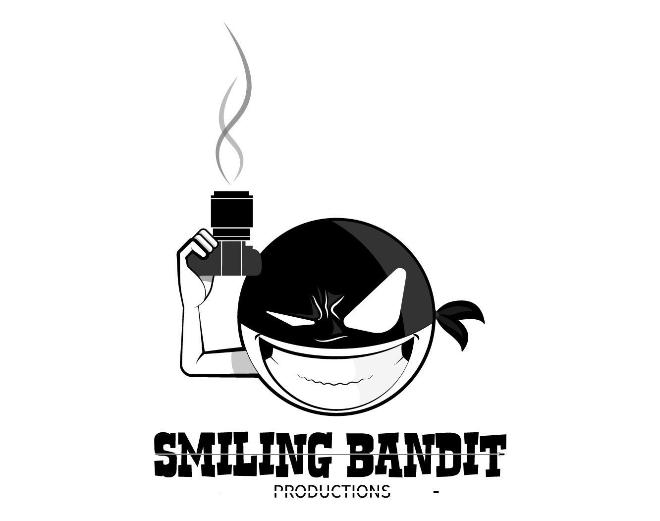 Smiling Bandit logo: cartoon bandit holding a camera, with smoke, and text