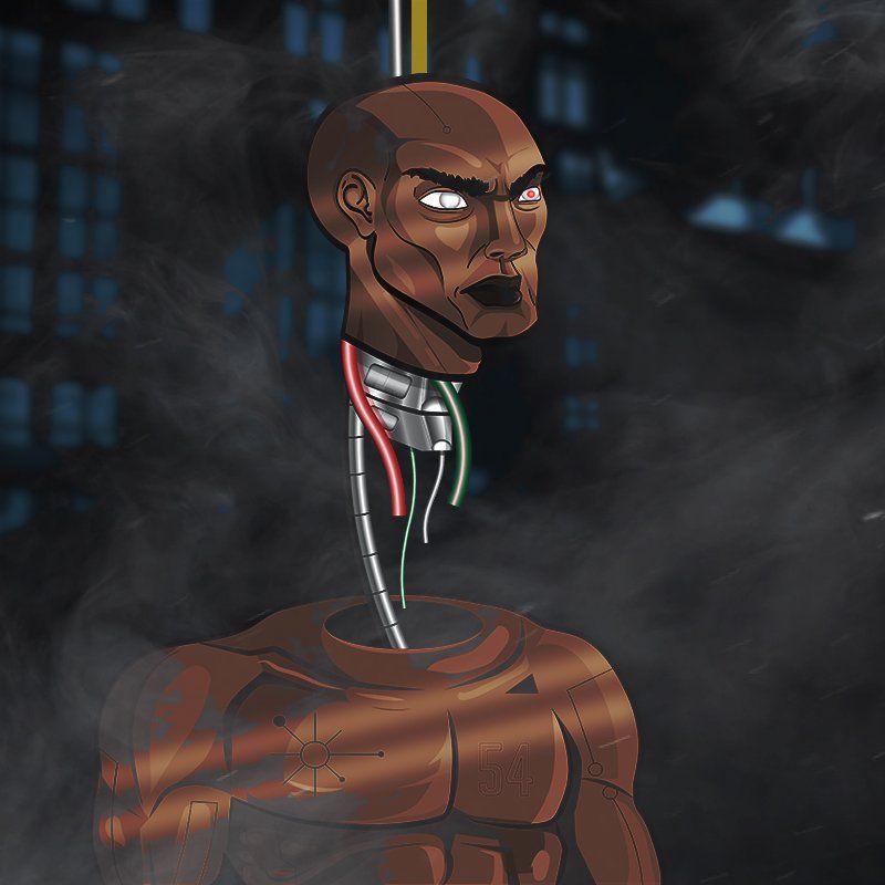Severed head of a muscular person, attached to a robotic body, smoky background.