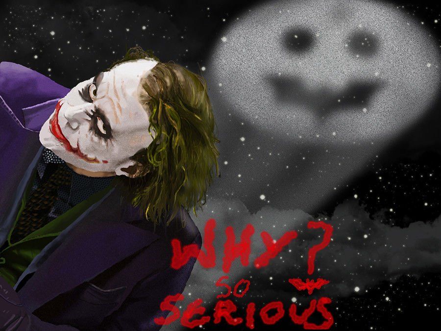 The Joker, makeup-clad, looks at a Bat-Signal. Text reads