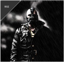 Bane in a leather jacket and mask, standing in rain, with the word