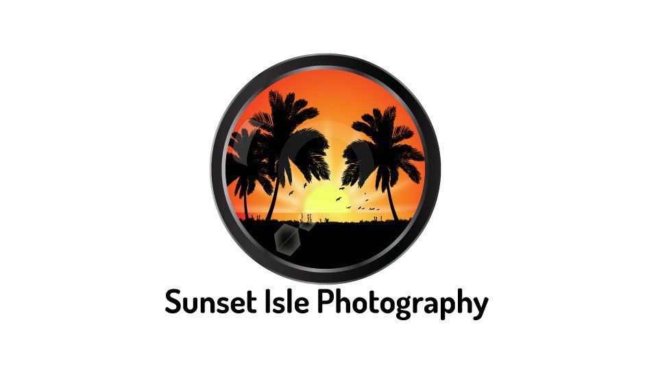 Logo: Silhouette of palm trees and sunset inside a black circle. Text below reads