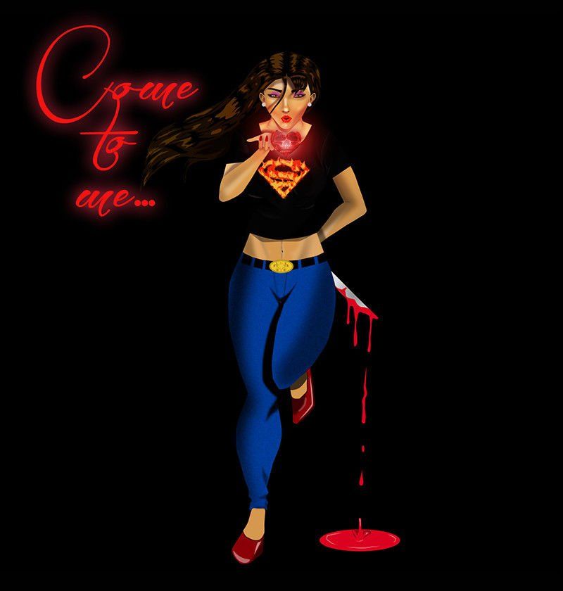 Woman with a Superman shirt, bloody knife, holding glowing red object;