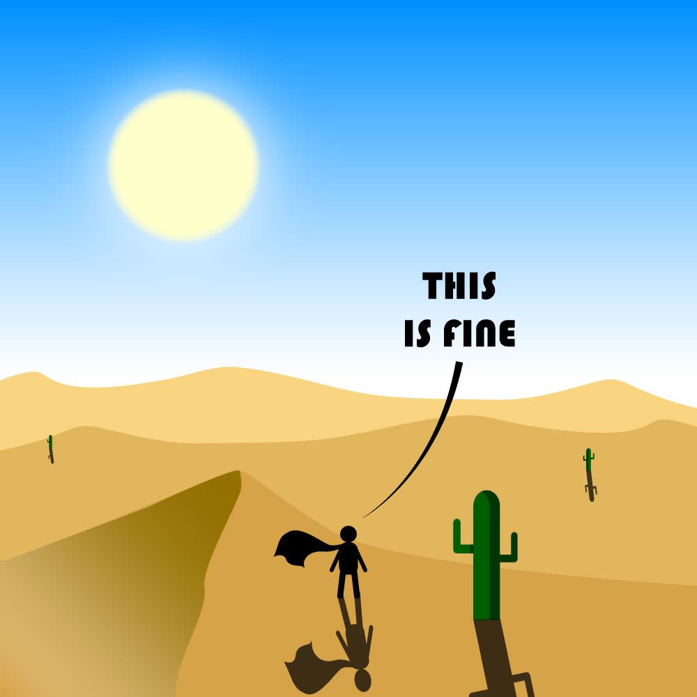 Person in superhero cape in a desert, saying