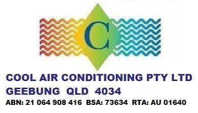 Logo for Cool Air Conditioning Pty Ltd: a diamond with a 'C', text and address.