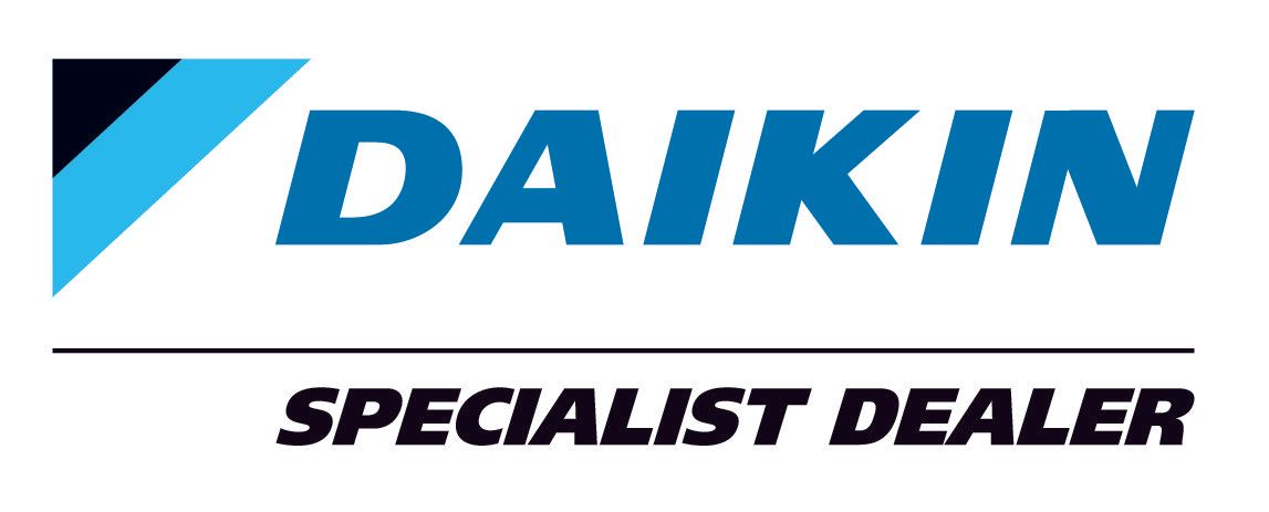 Daikin logo with a teal and black emblem, blue text, and the words 
