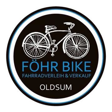 Logo for Föhr Bike, a bike rental and sales shop in Oldsum, featuring a bicycle outline and text on a black circle.