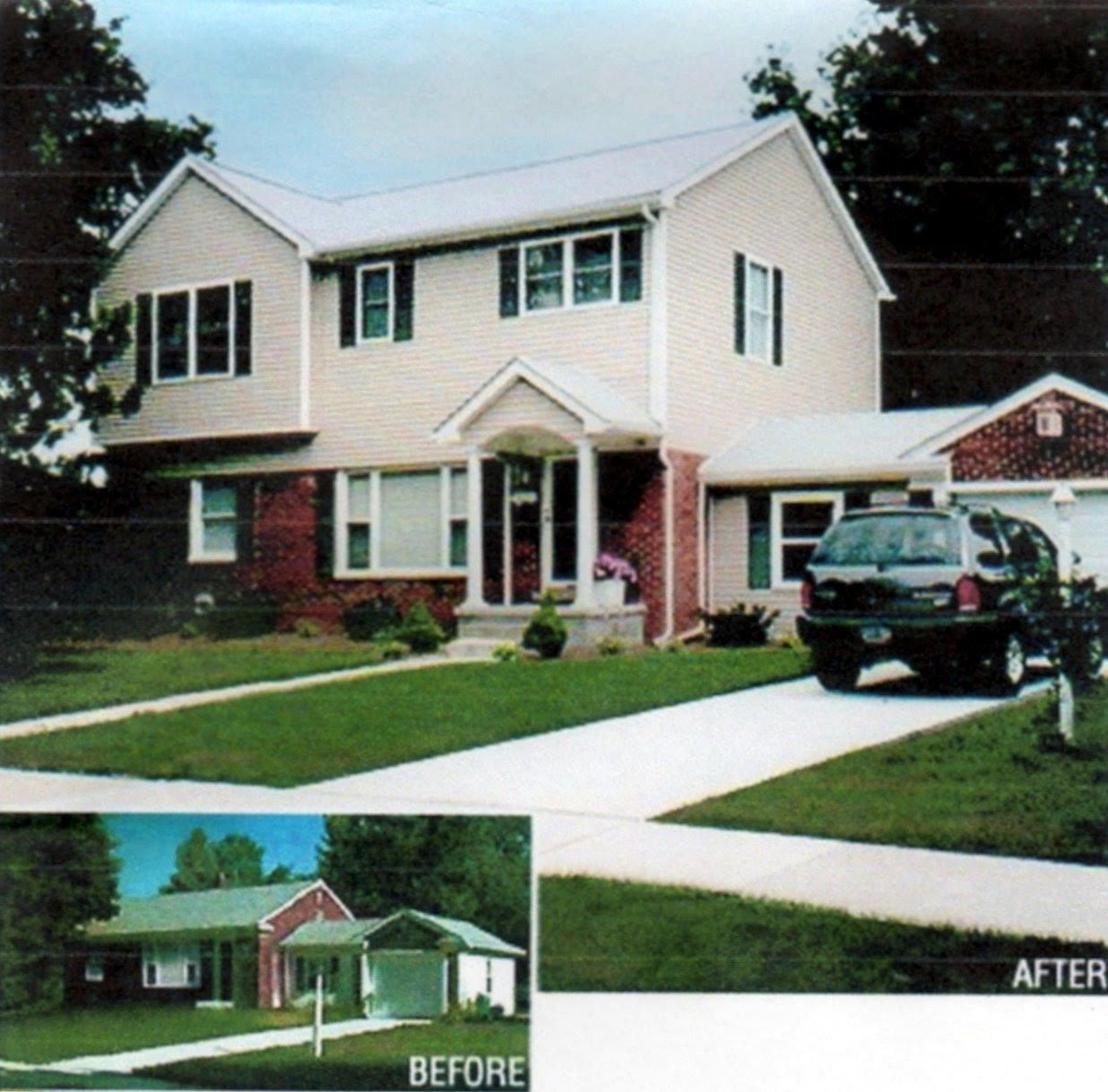 Before-and-after of a two-story house with a driveway. The “after” shows the house with new siding and a car parked in front.