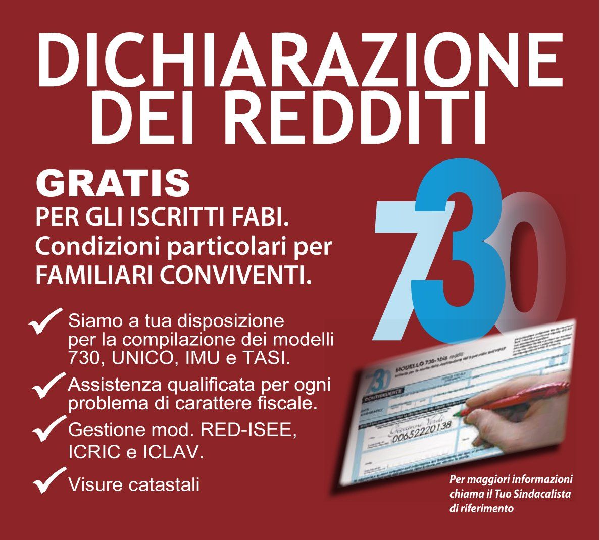 An advertisement for dichiarazione dei redditi shows a person filling out a form